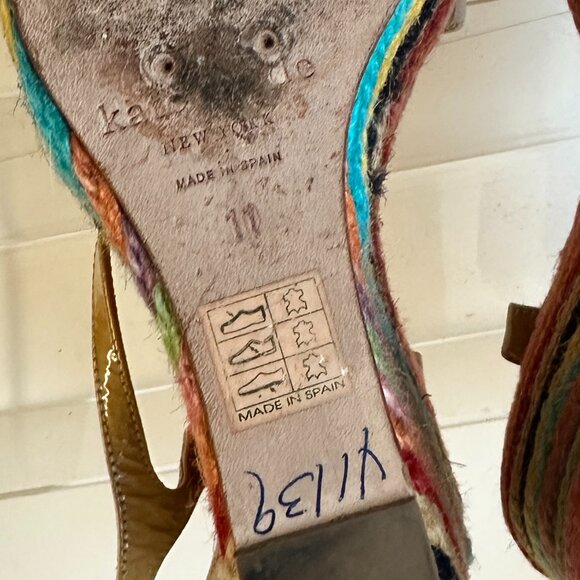 KATE SPADE SZ11 RAINBOW PLATFORM TAN PATENT LEATHER HIGH WEDGE ESPADRILLE SANDAL - Picture 8 of 8